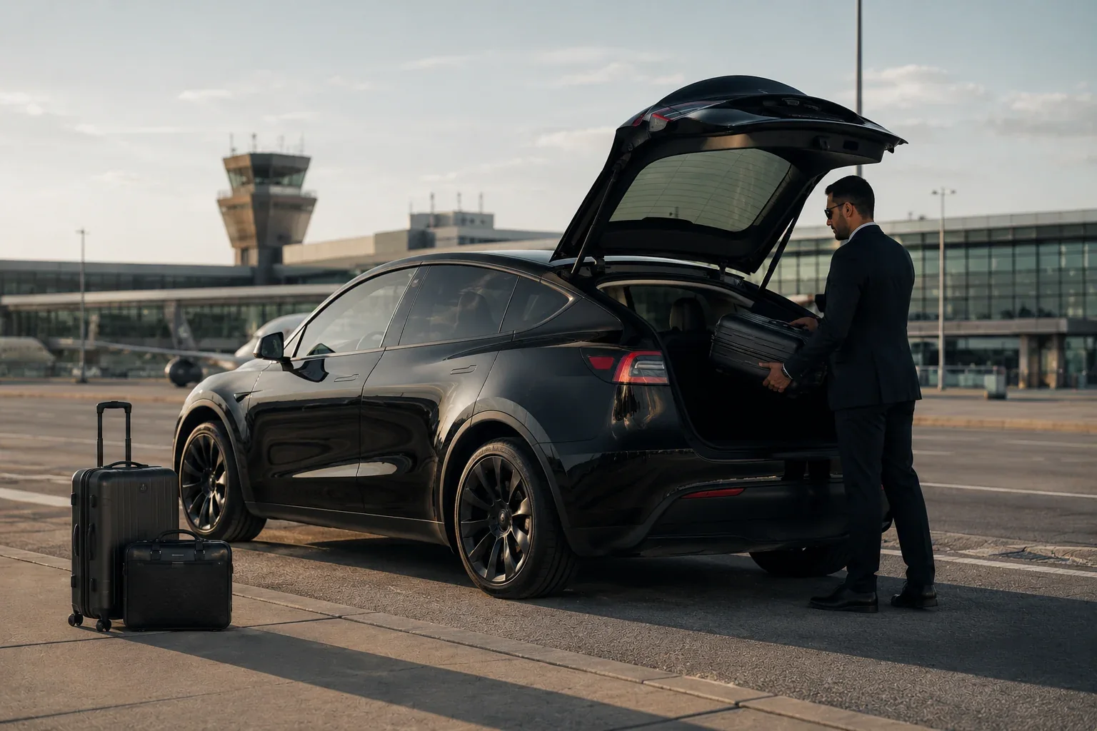 Black vehicle with luggage and a chauffeur in an illustrative airport scene.