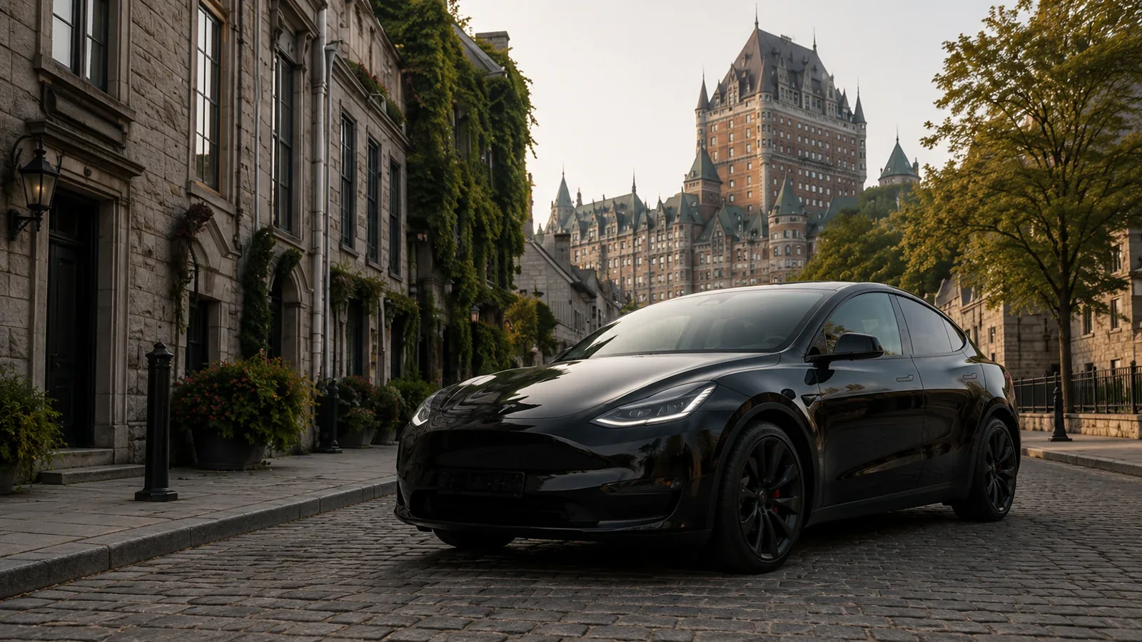 Black vehicle on a cobblestone street in Old Québec.