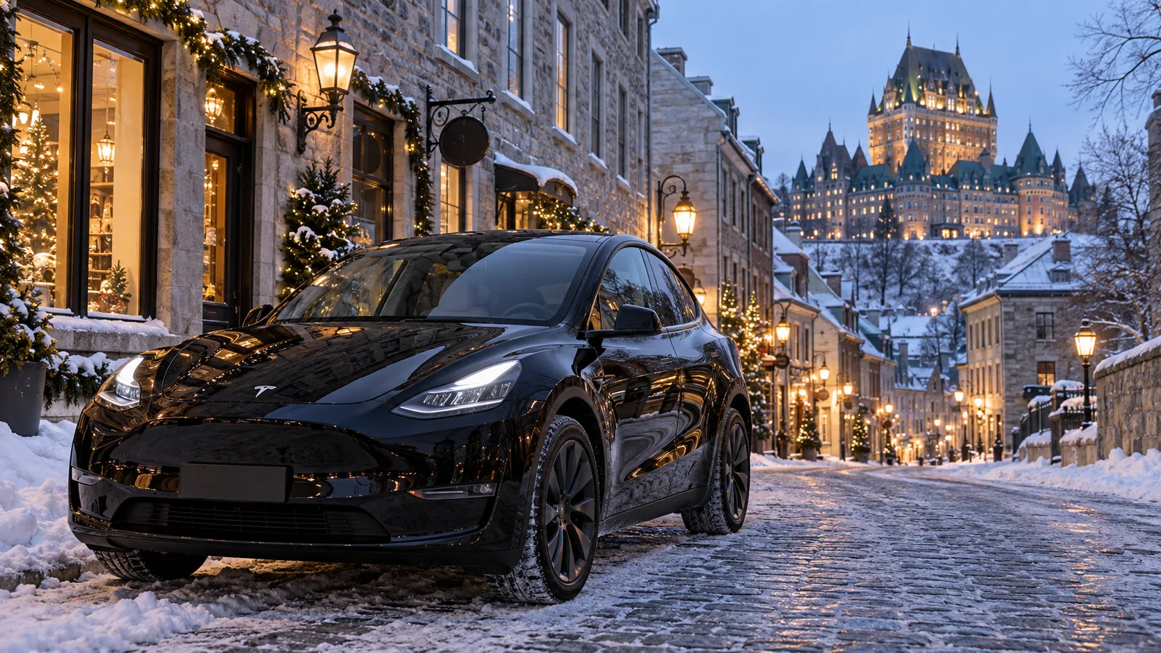 Illustration of a black vehicle on a winter street in Old Québec, with Château Frontenac in the distance.