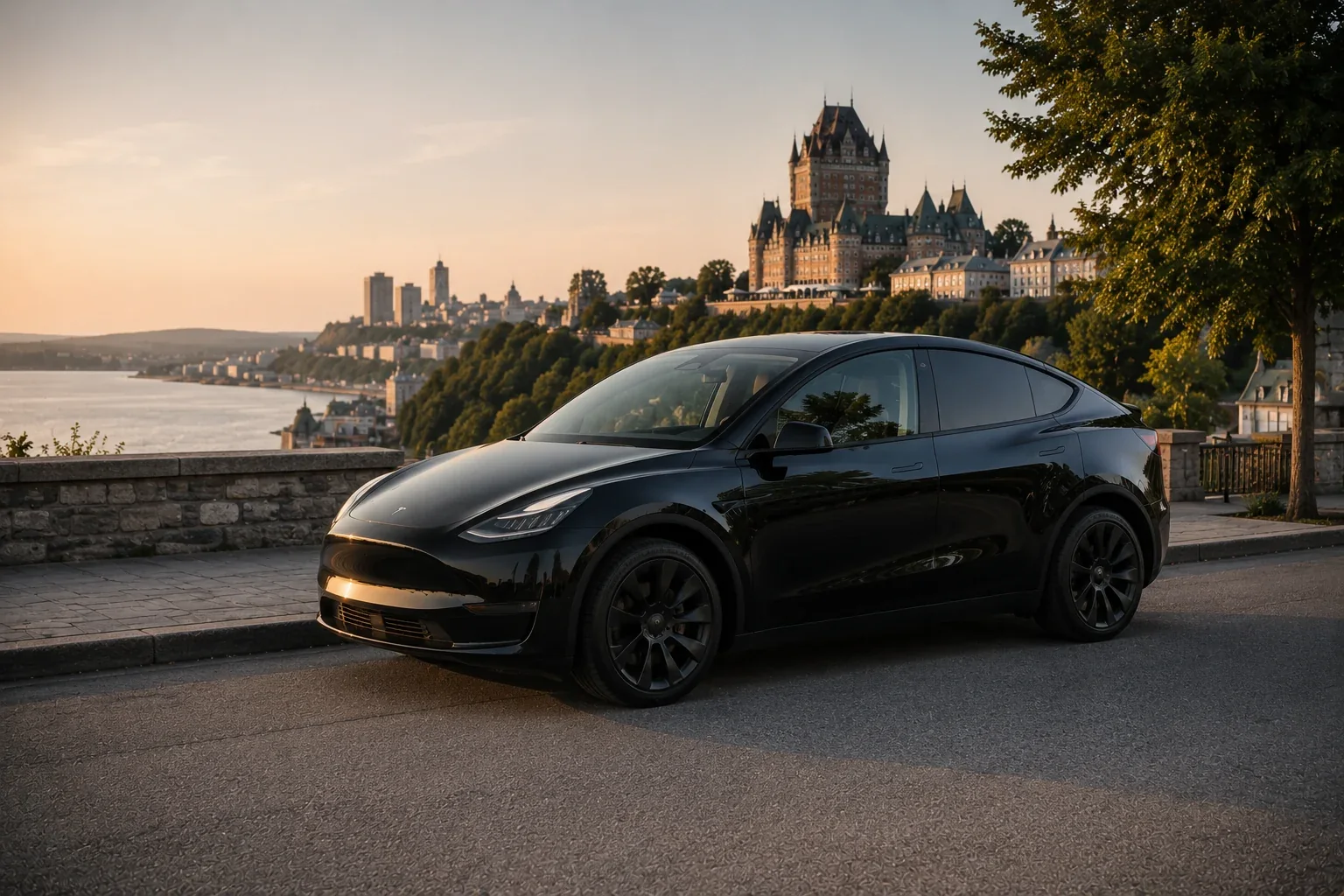 Black electric vehicle overlooking Québec City and the river.
