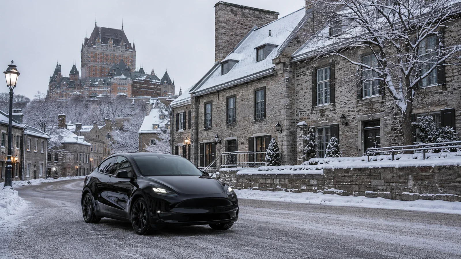 Illustration of a black vehicle in Québec City in winter.